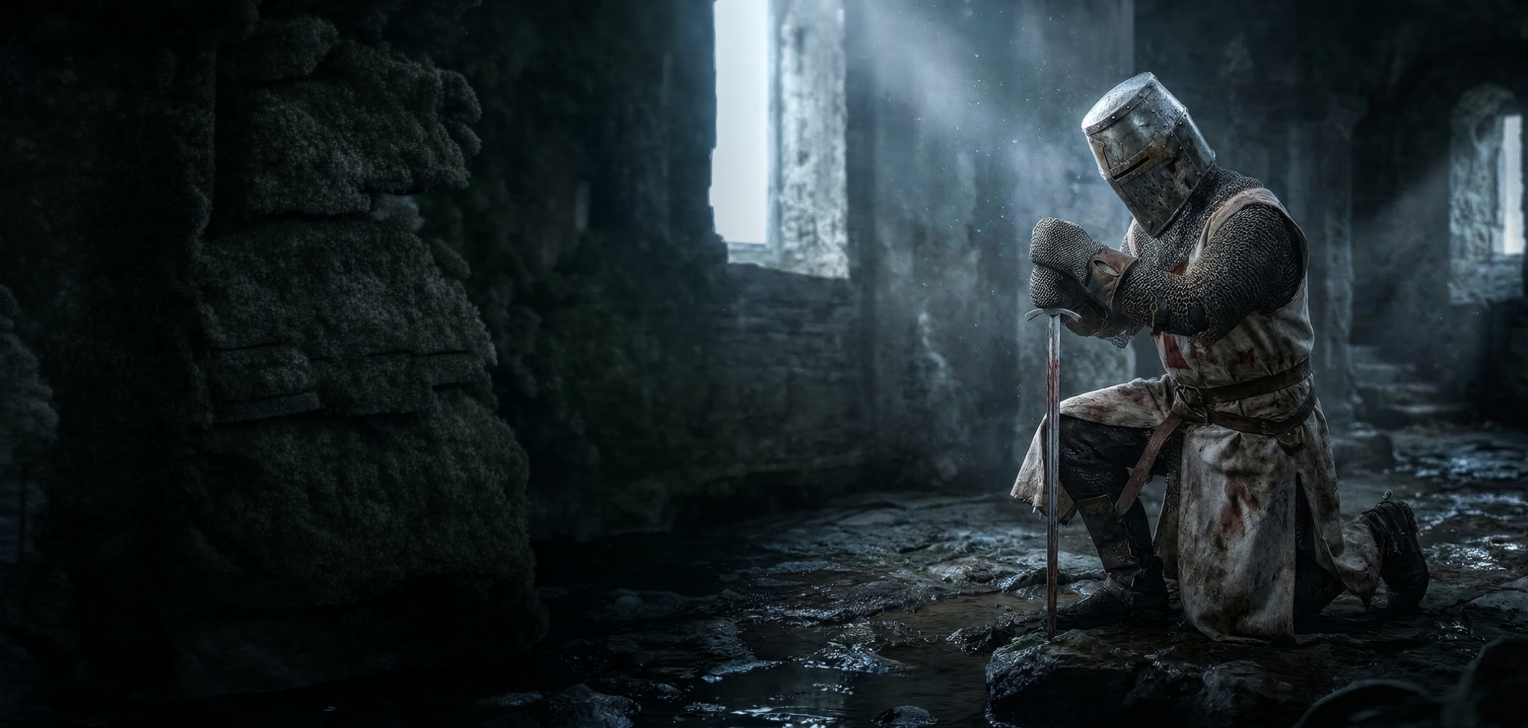 Knight in armor kneeling in a dark, stone-walled room with a light source casting shadows.